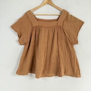 Easel Rustic Caramel Gauze Square-Neck Blouse